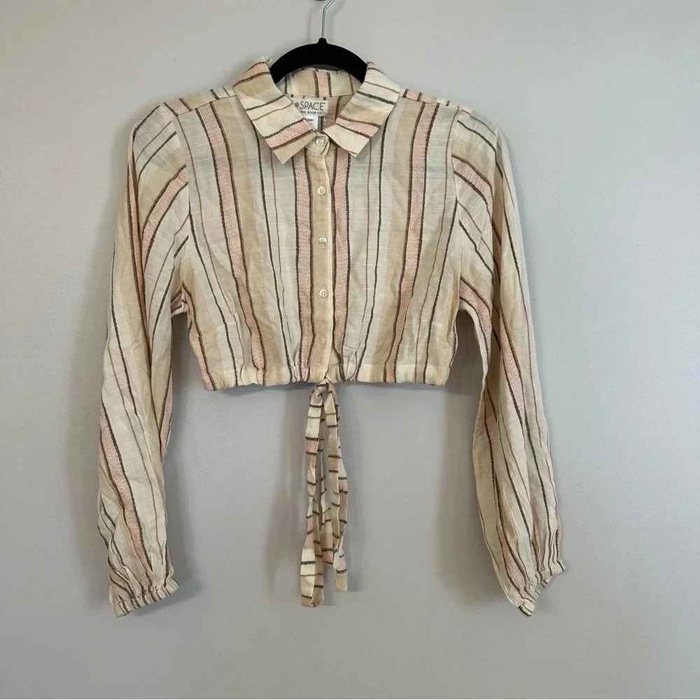 L Space Play It Cool Top Cropped Long Sleeve with tie Cream Striped Sz XS NWT - Picture 2 of 8